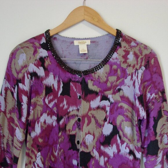 Cashmere Silk Sweater Cardigan Crewneck Preppy Purple Black Rhinestones Medium - Picture 2 of 13